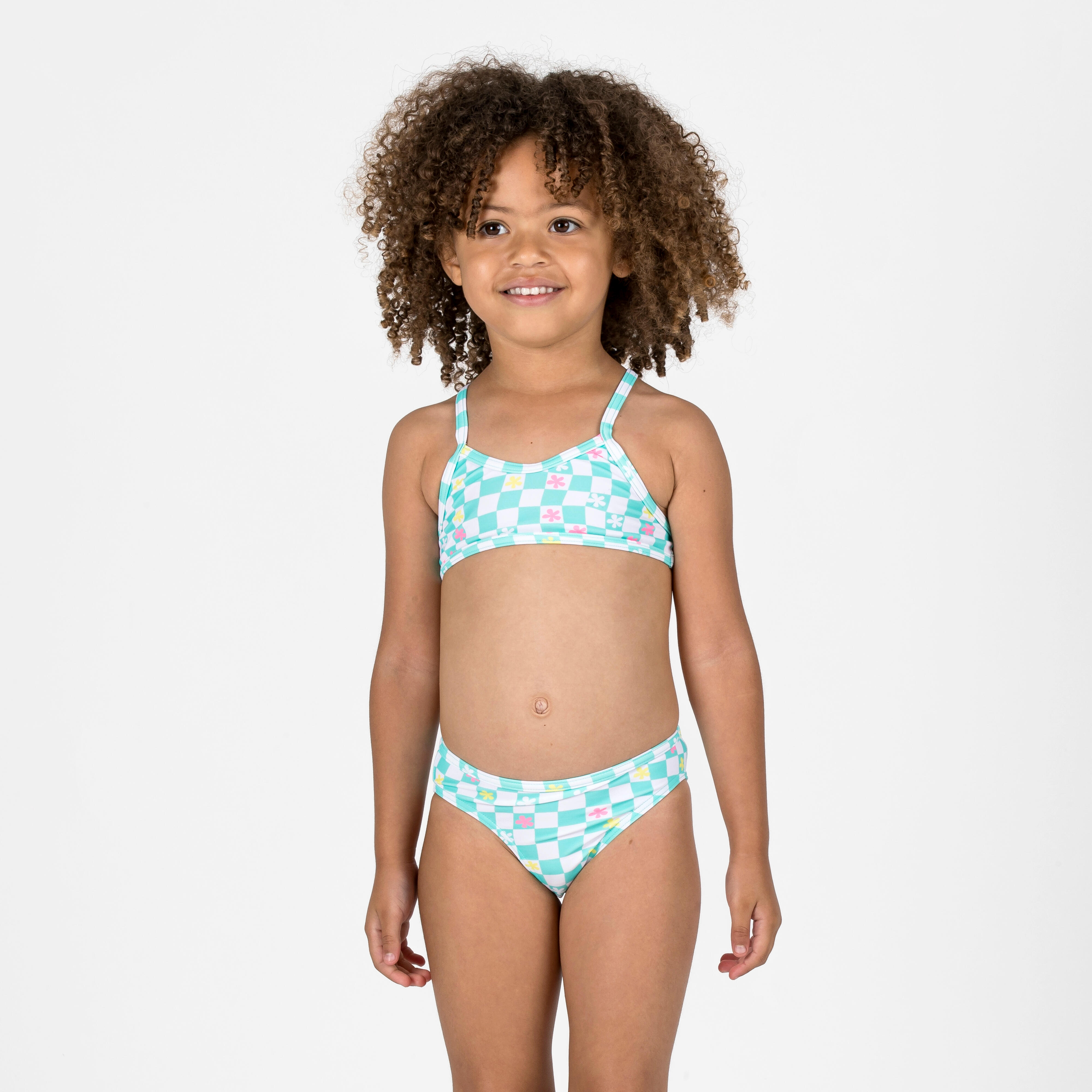 Girls’ surfing 2-piece swimsuit with crossed straps - Boni green and white