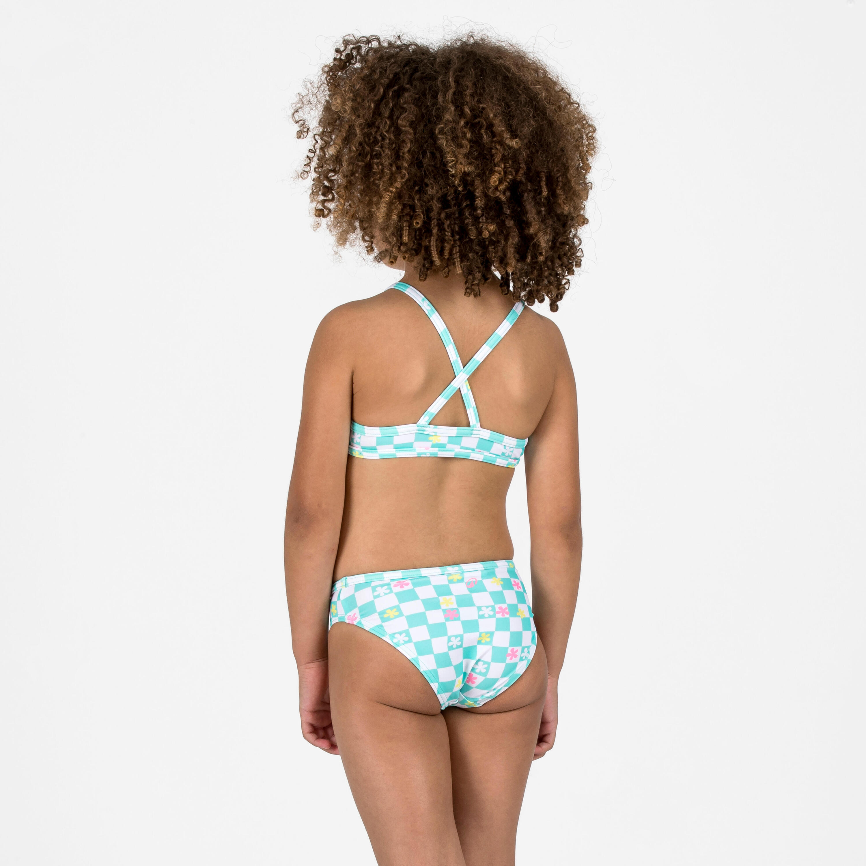 Maillot 2 pièces surf bretelles croisées fille - Boni vert et blanc 3/6