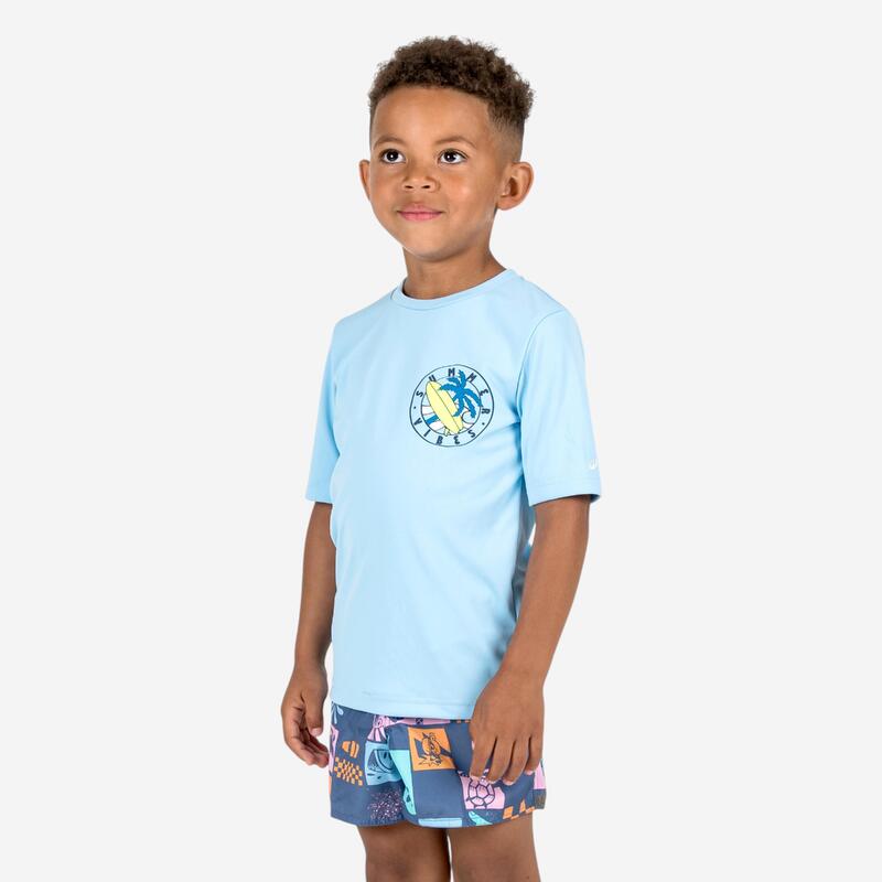Tricou anti-UV surf 100 UPF50+, UV>95% Albastru deschis Copii