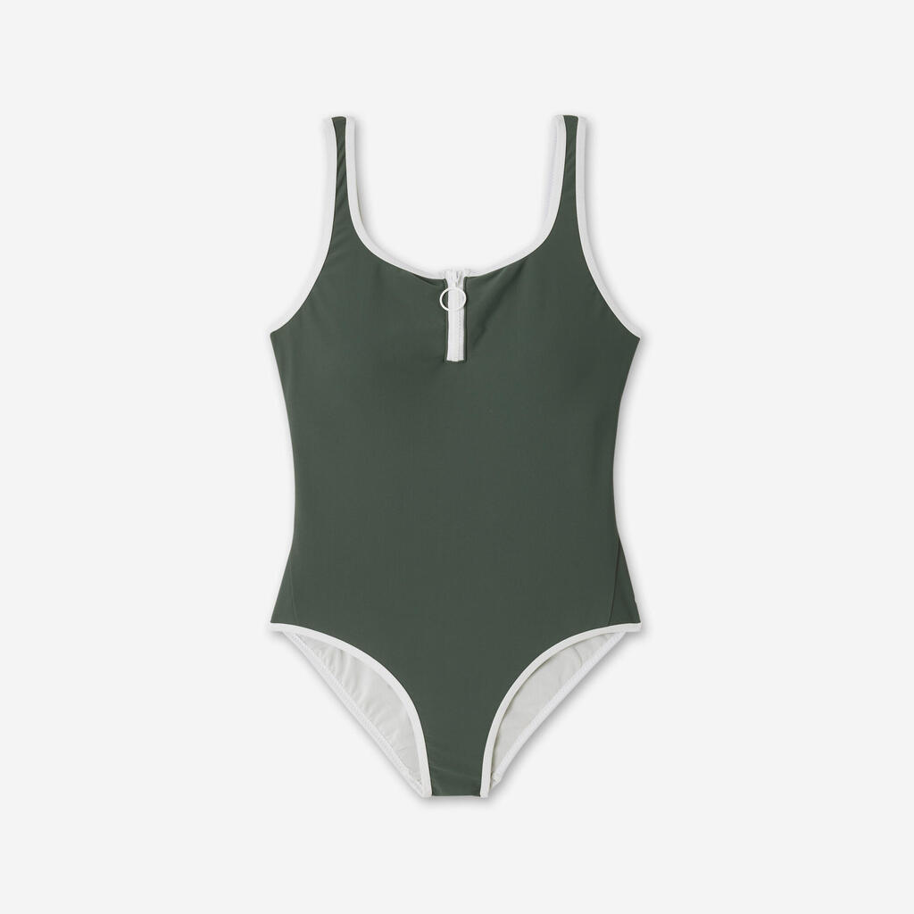 Maillot de bain 1 pièce natation Femme - Heva Joy zip kaki
