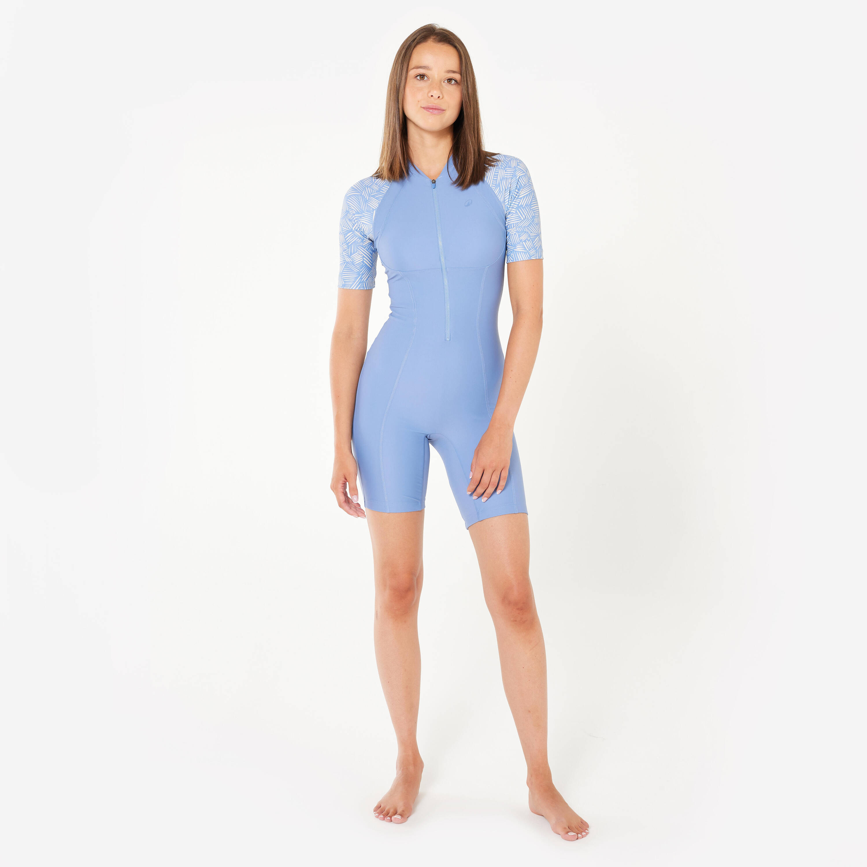 One-piece shorty swimsuit with zip and fixed pads light blue -  3