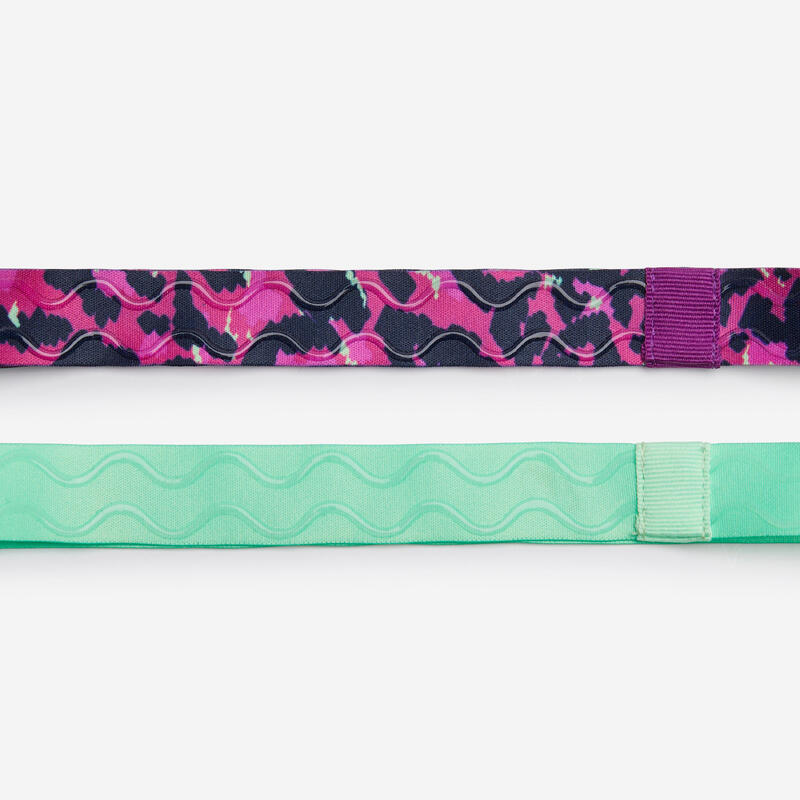 Lot de 2 bandeaux fins multisport fille, Vert et Imprimé léopard violet