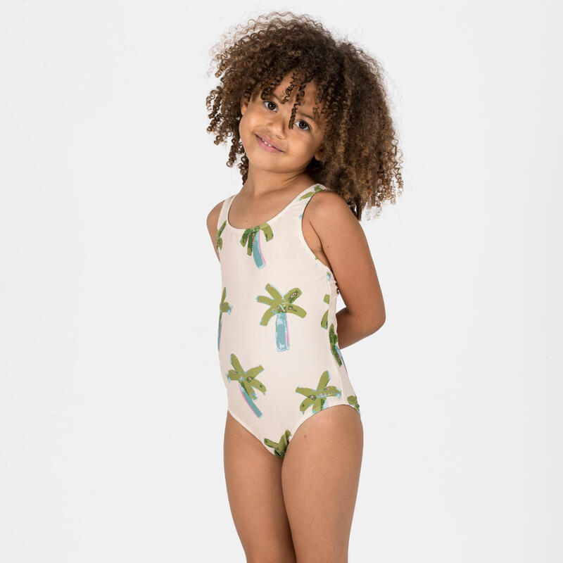 Costum întreg înot Bej imprimeu palmieri Bebe / Fete