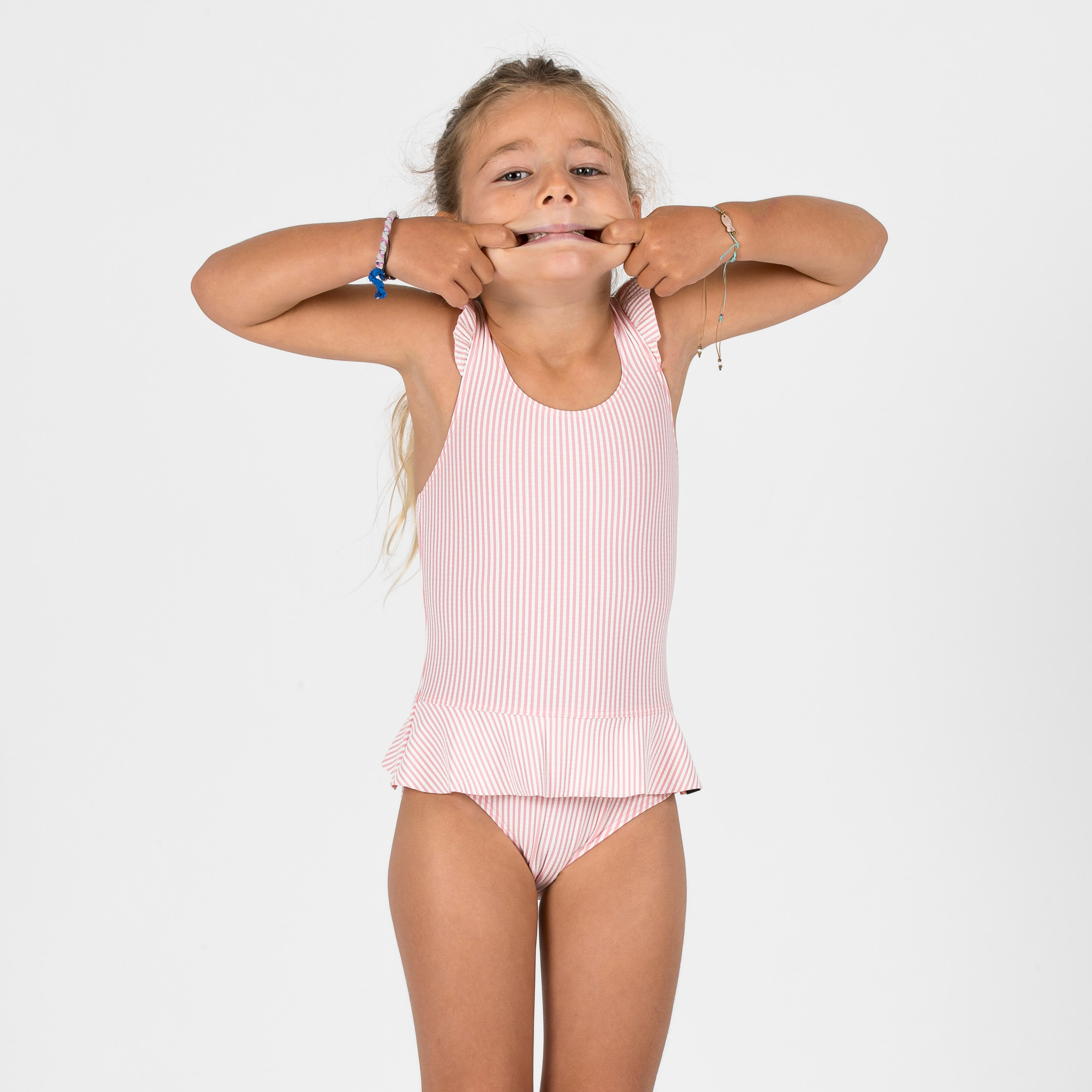 Fato de banho de natação bebé com saia menina - riscas rosa e branco