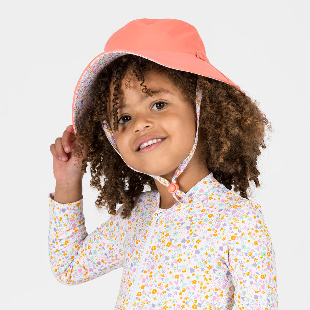 Chapeau anti UV réversible Bébé - corail et imprimés fleurs