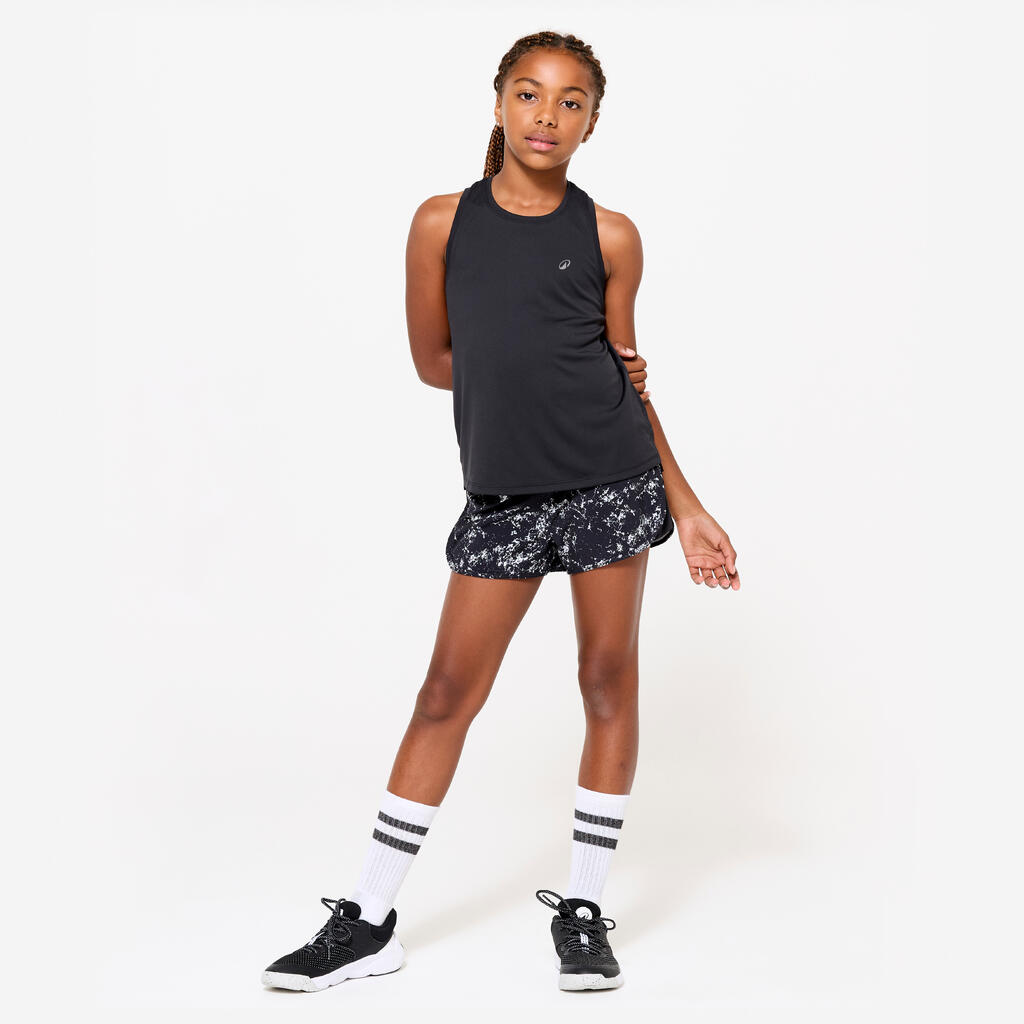 Short multisport respirant 2 en 1 fille, imprimé violet et vert