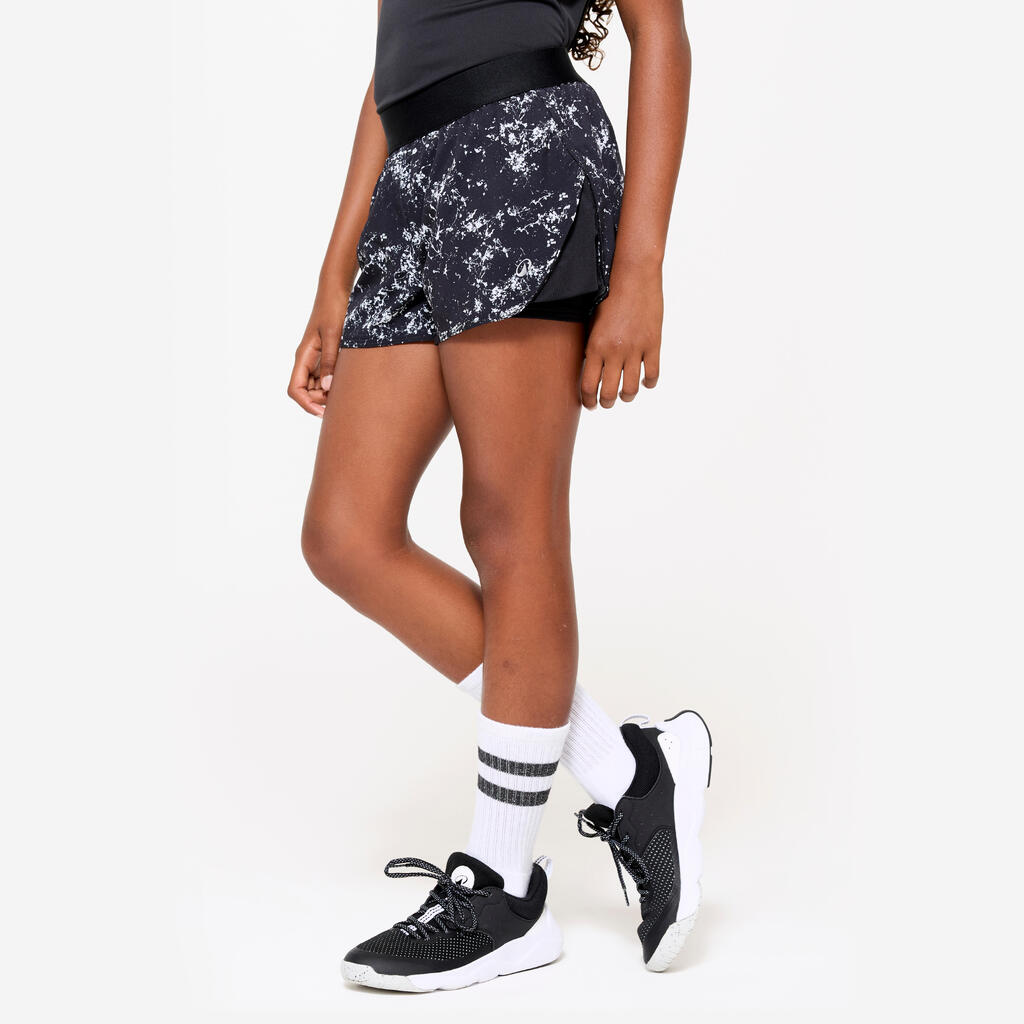 Short multisport respirant 2 en 1 fille, imprimé violet et vert
