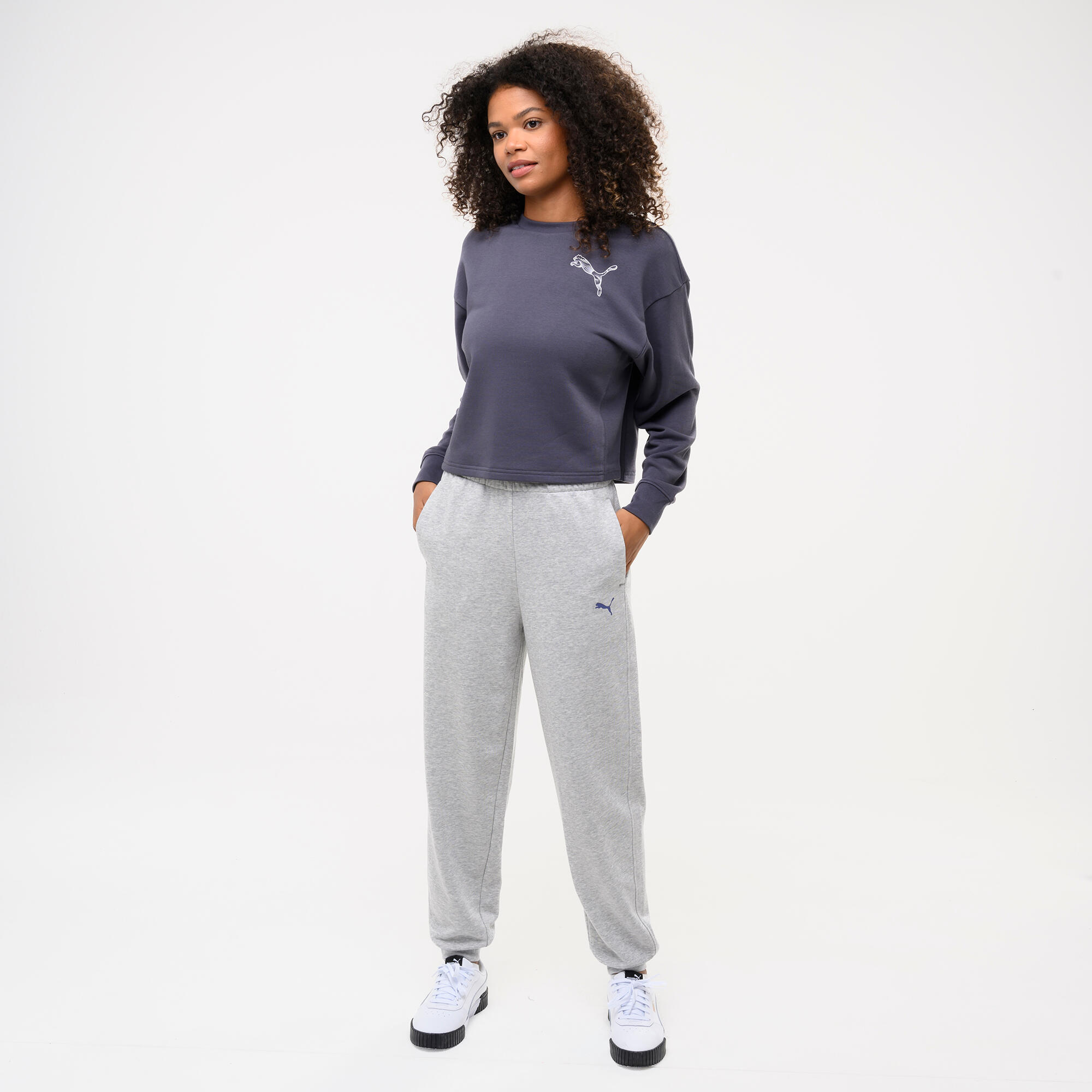Pantaloni tuta Puma donna regular fit felpati grigi 5/5