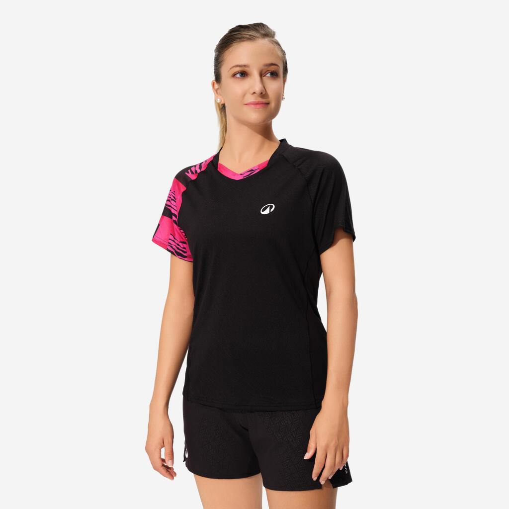 Črna ženska majica s kratkimi rokavi za badminton LITE 560