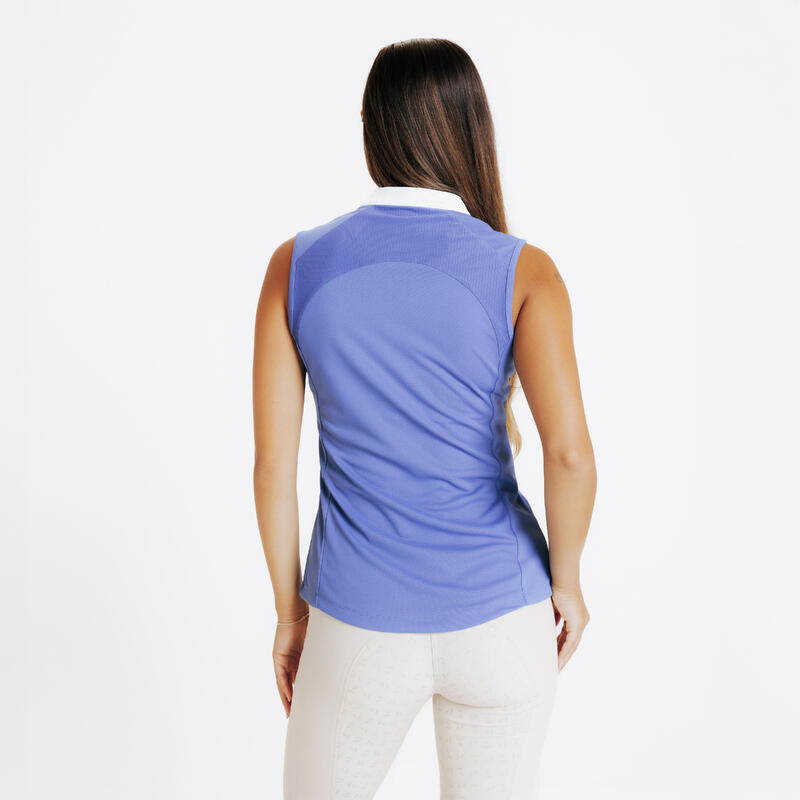 Mouwloos poloshirt voor paardrijden dames 500 mesh komeetblauw