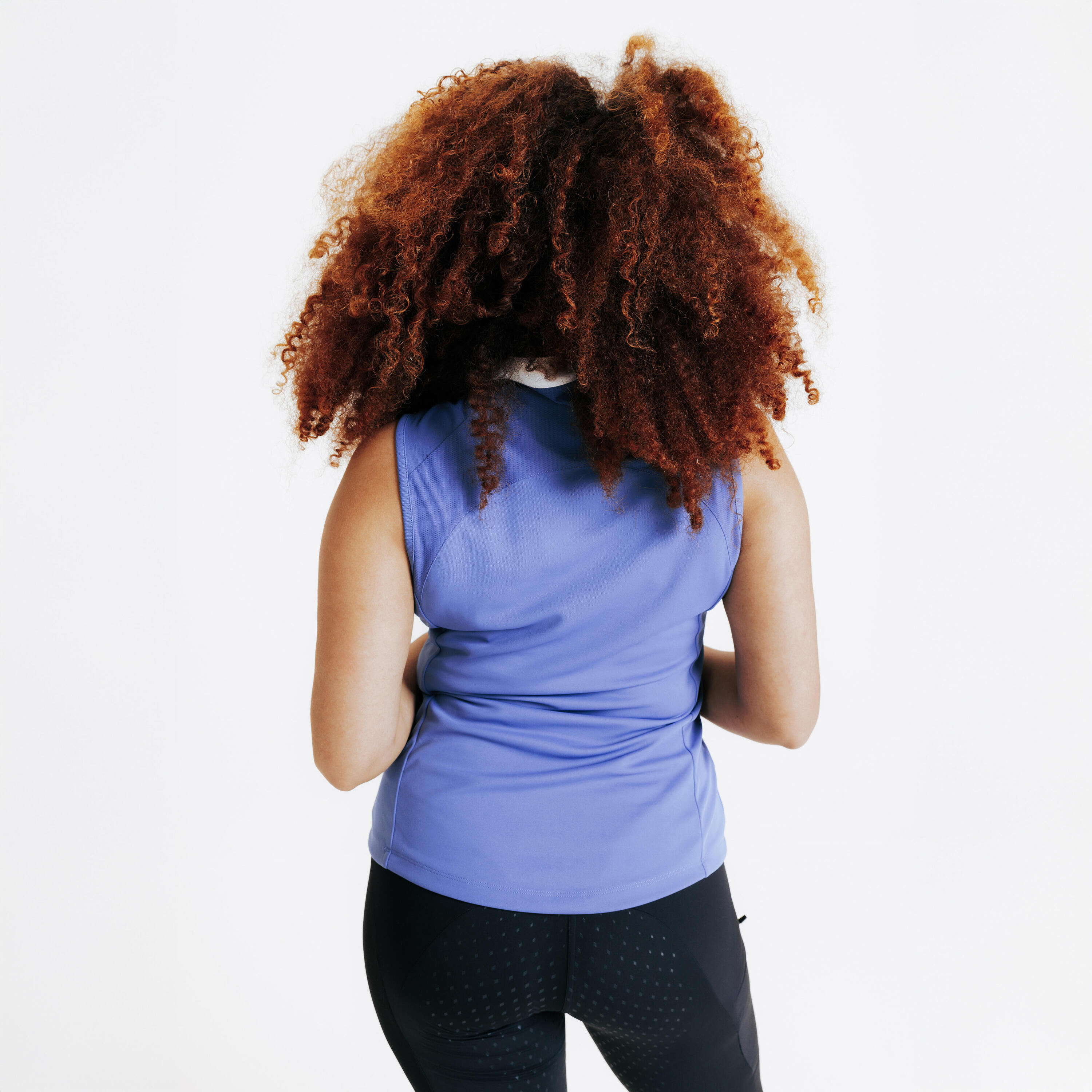 Mouwloze damespolo voor paardrijden 500 mesh zomer komeetblauw 5/8