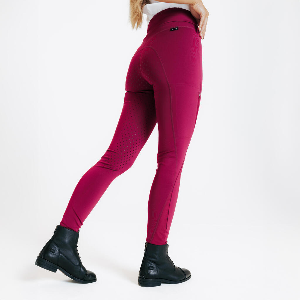 Women's Horse Riding Full Grip Leggings 500 - Cherry Purple