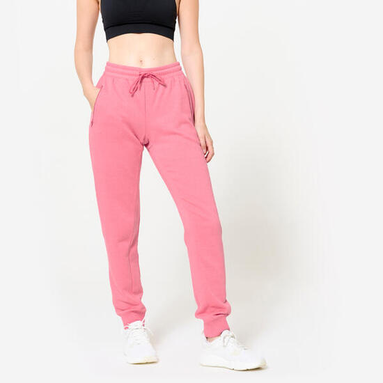 Pantaloni tuta donna slim fit felpati con tasche con zip rosa