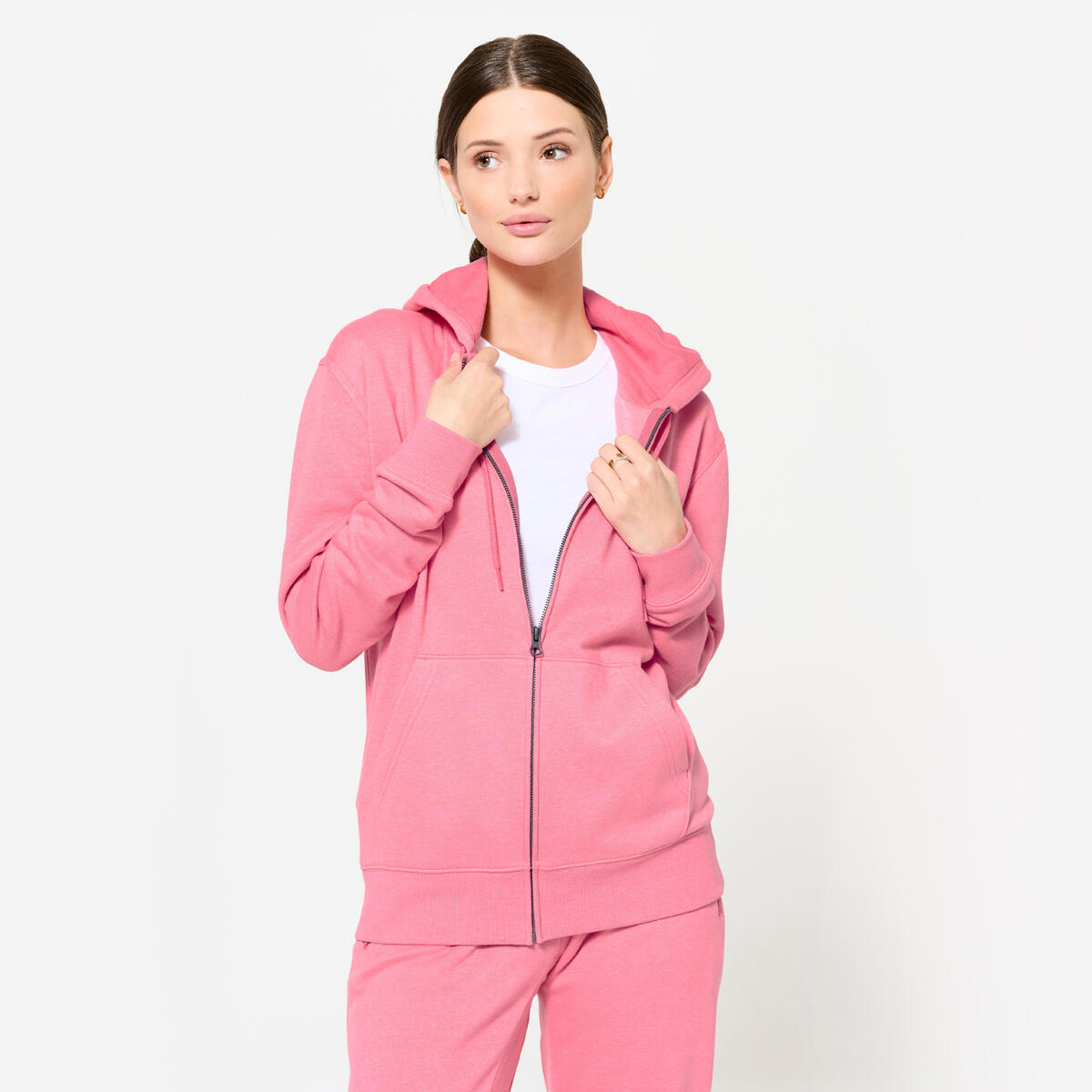 Sweat à capuche zippé fitness femme, rose