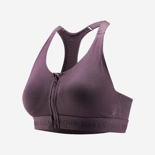 Women Sports Bra, Padded with Zip Detailing, High Support - Brown