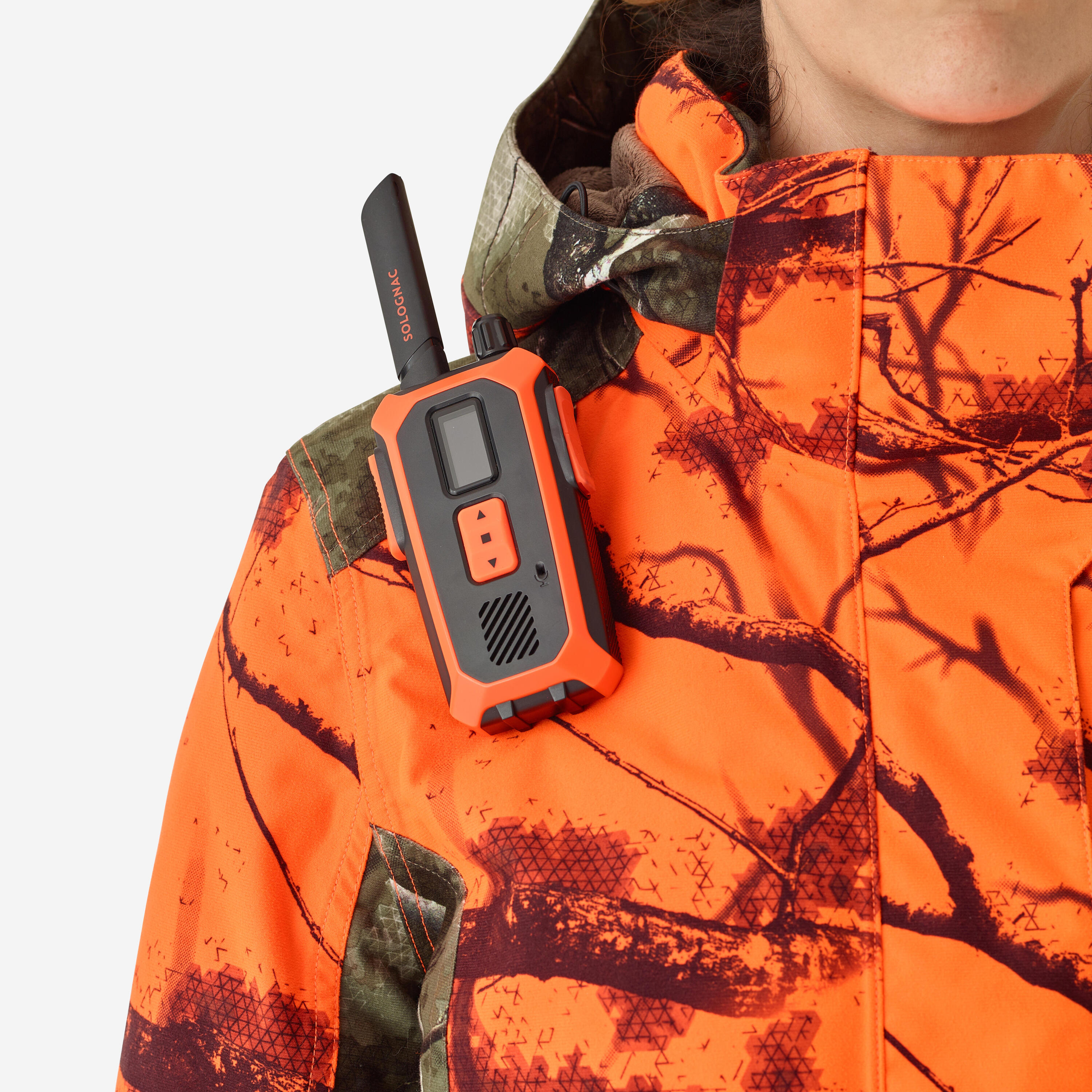 Veste chasse femme 3 en 1 chaude imperméable silencieuse camouflage fluo 500 6/25