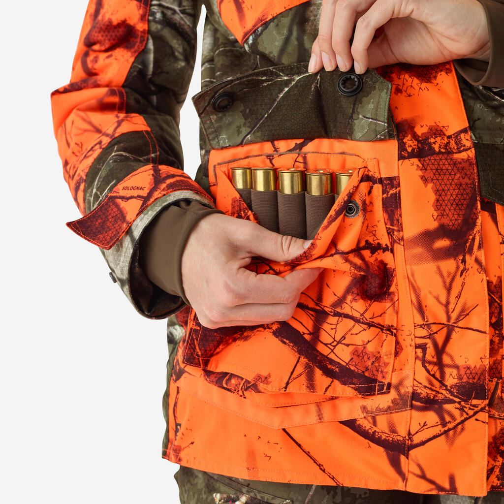 Women’s 3-in-1 warm silent waterproof hunting jacket neon camouflage 500