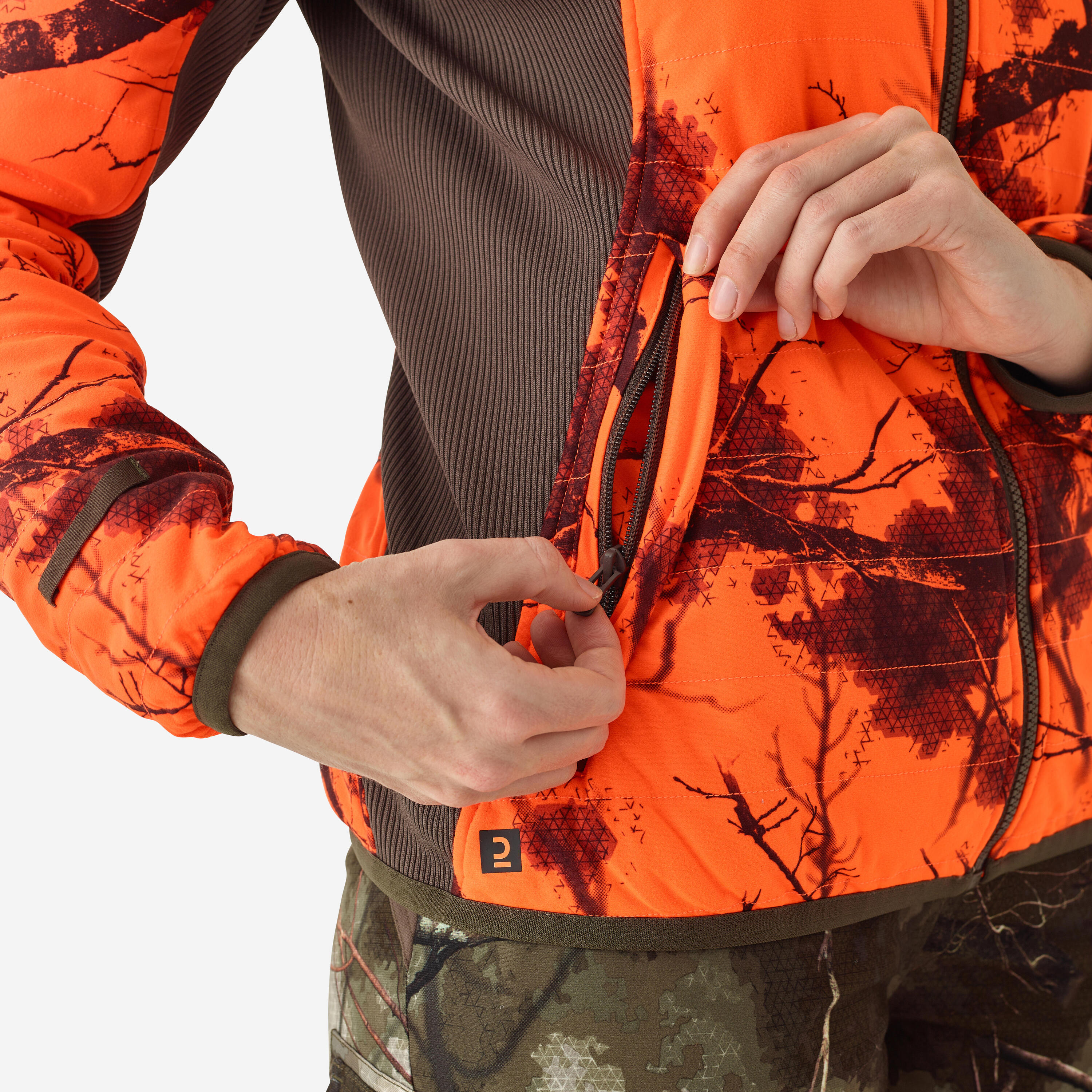 Jagdjacke Regenjacke 500 3-in-1 Damen warm geräuscharm camouflage/orange  20/20