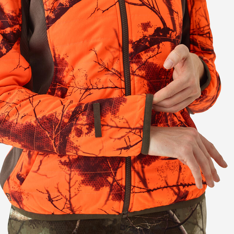 Veste chasse femme 3 en 1 chaude imperméable silencieuse camouflage fluo 500