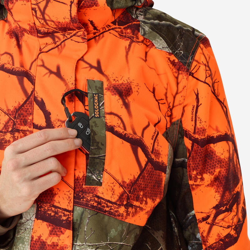 Veste chasse femme 3 en 1 chaude imperméable silencieuse camouflage fluo 500