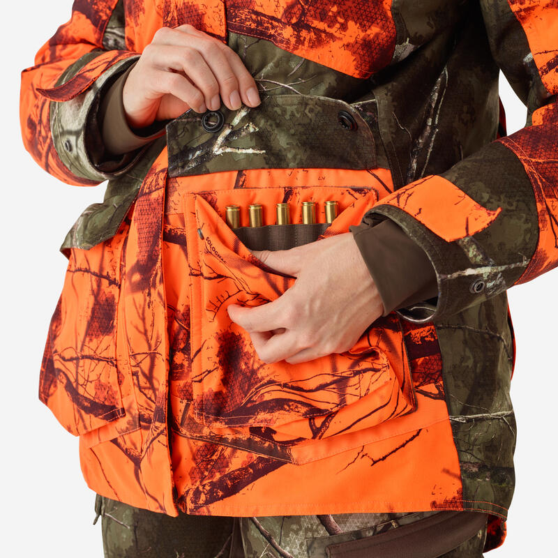 Veste chasse femme 3 en 1 chaude imperméable silencieuse camouflage fluo 500