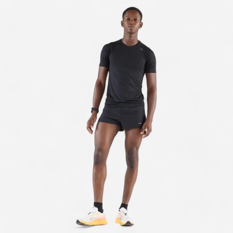 Șort alergare KIPRUN Run 500 Confort Split Negru Bărbați