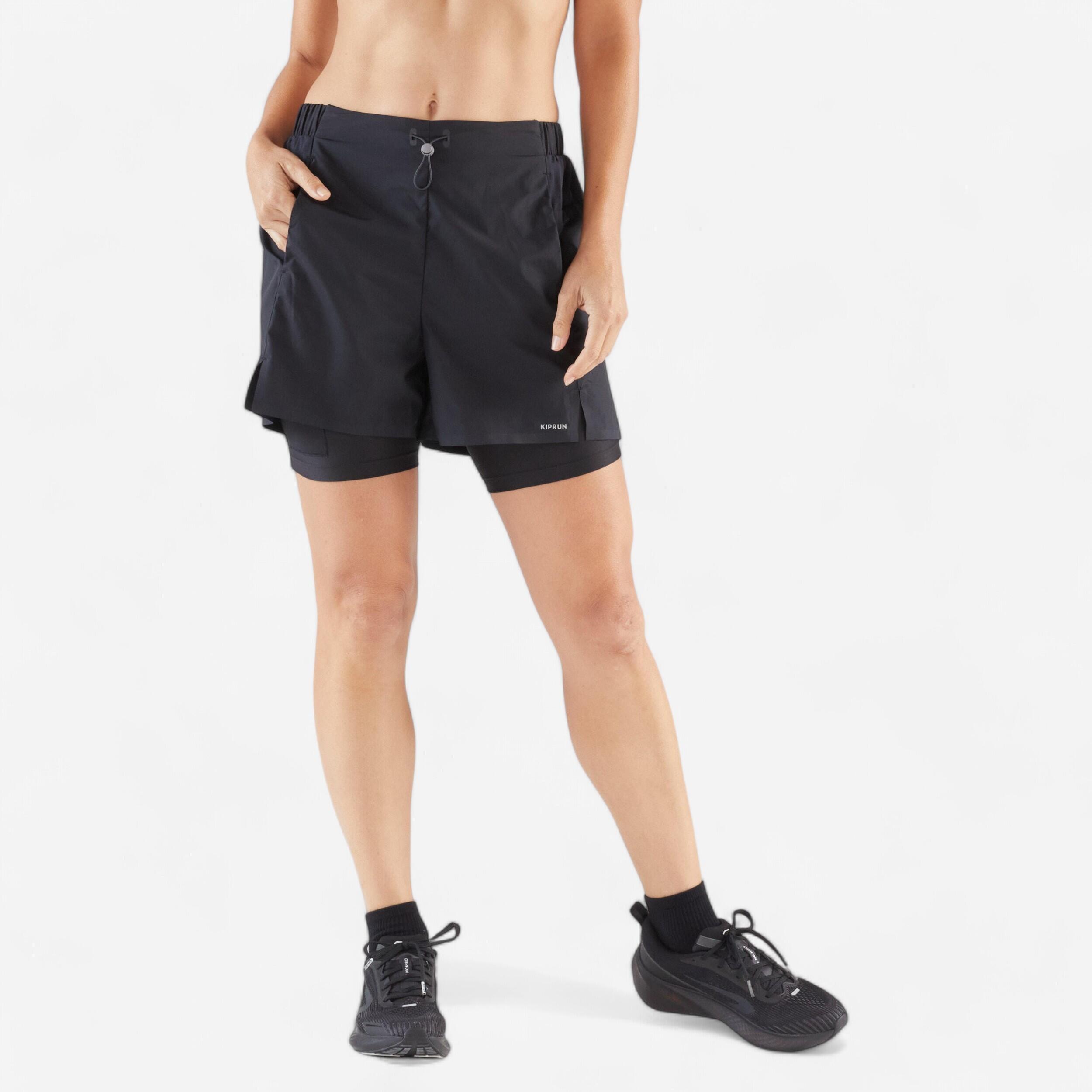 Women's 2IN1 High-waist Shorts Run 500 - Smoked Black