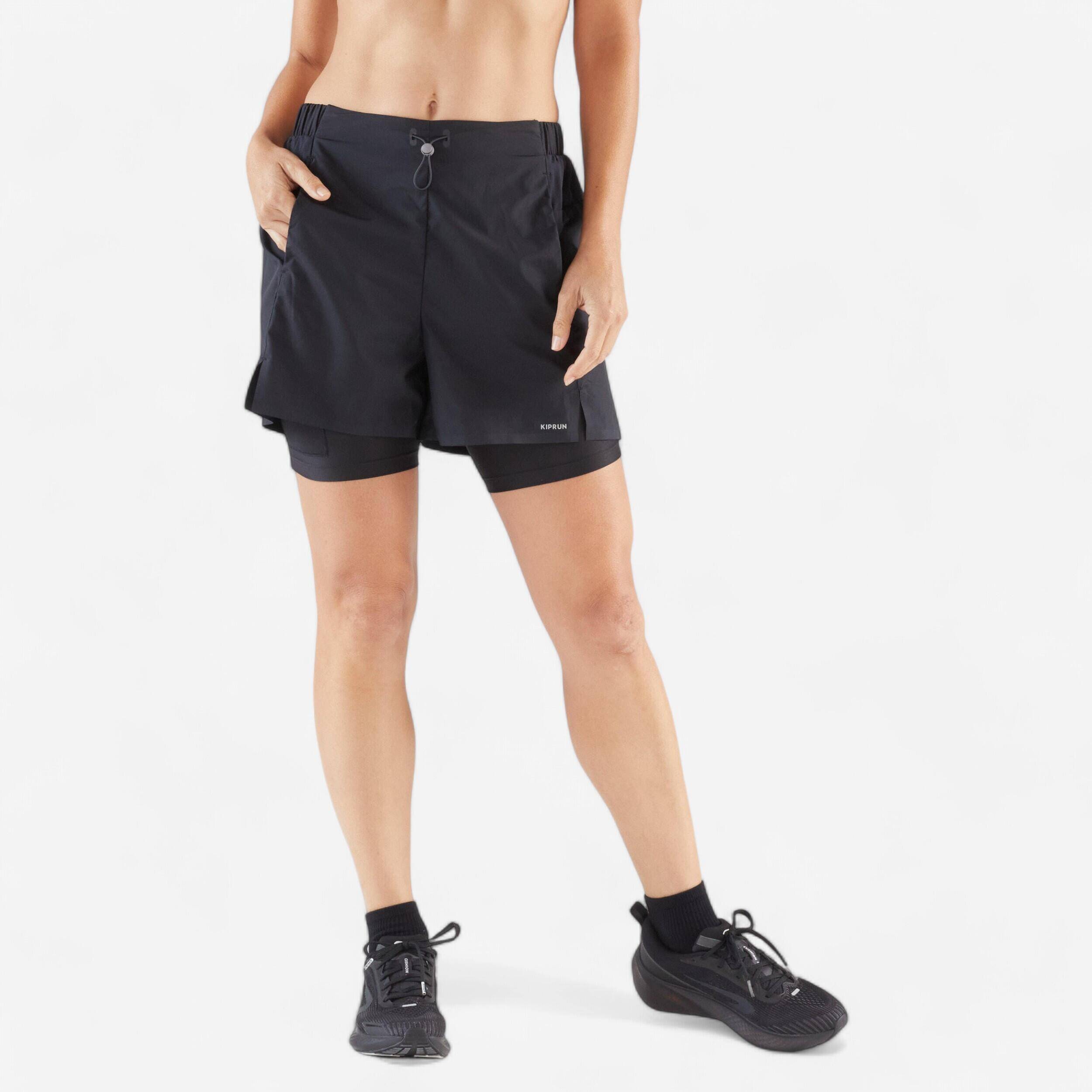 Women's 2IN1 High-waist Shorts Run 500 - Smoked Black