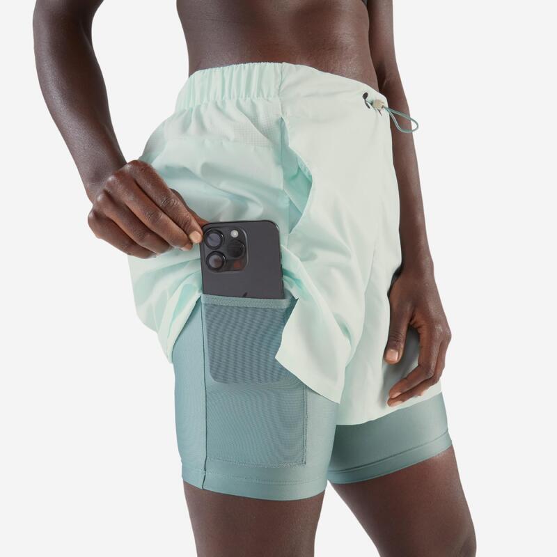 Short 2 en 1 running respirant femme - kiprun run 500 dry vert