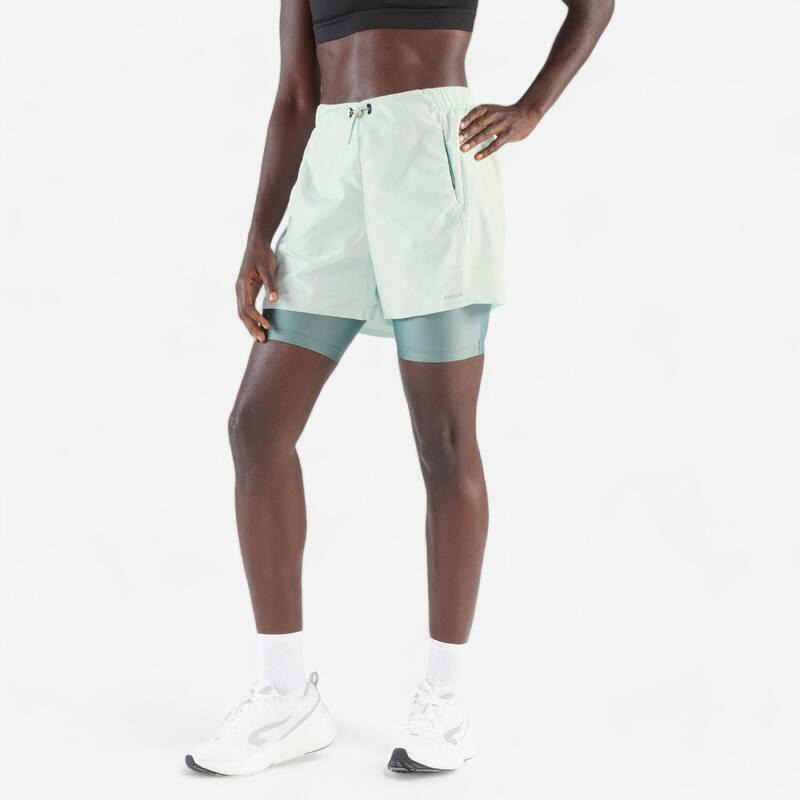 Short 2 en 1 running respirant femme - kiprun run 500 dry vert