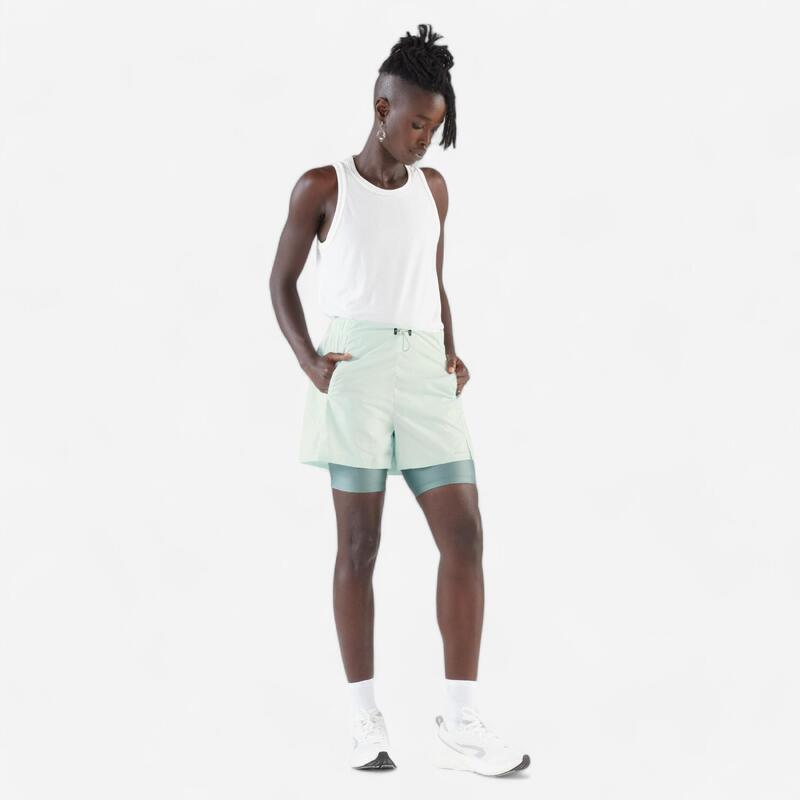 Short 2 en 1 running respirant femme - kiprun run 500 dry vert