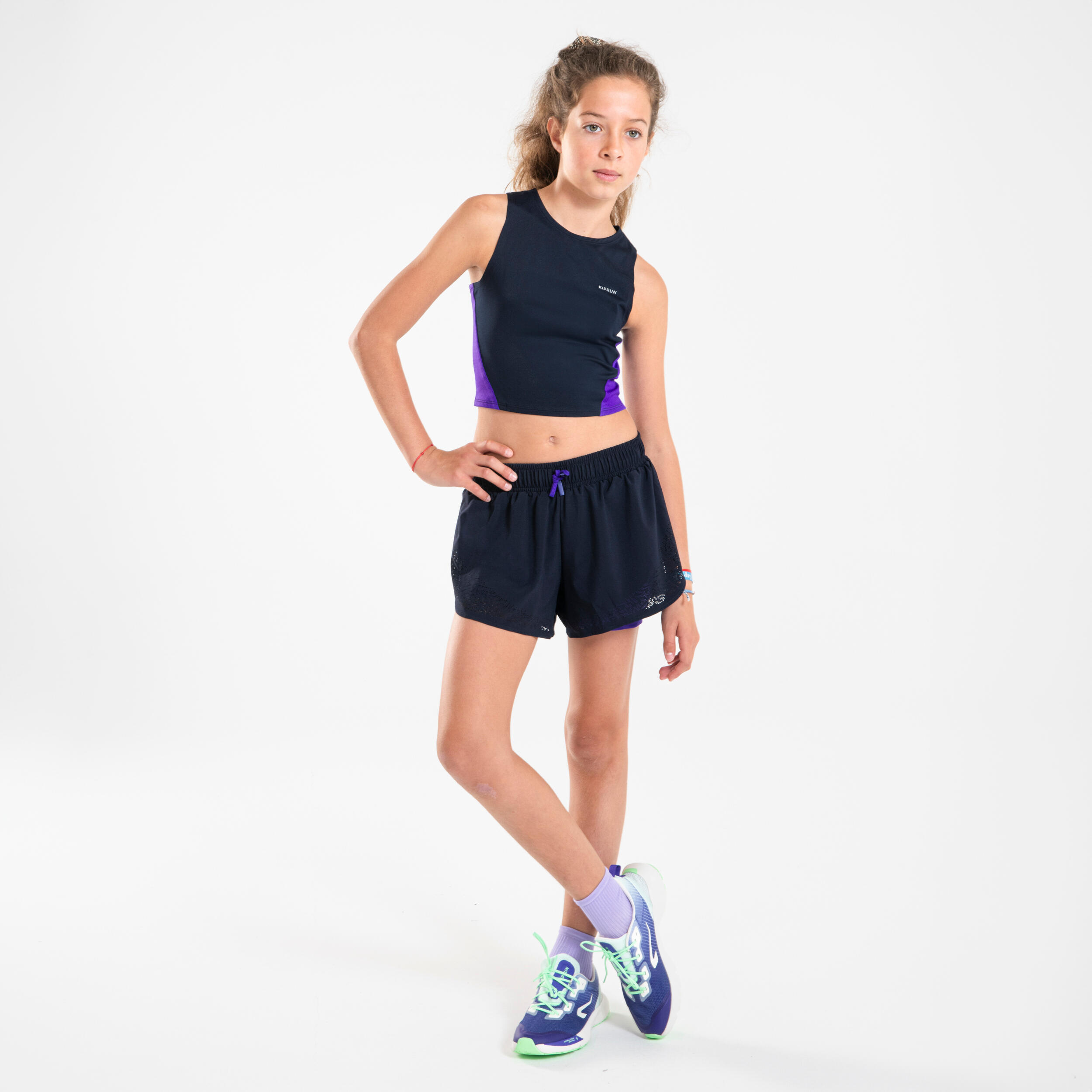 Ademende croptop voor hardlopen meisjes donkerblauw paars 3/8