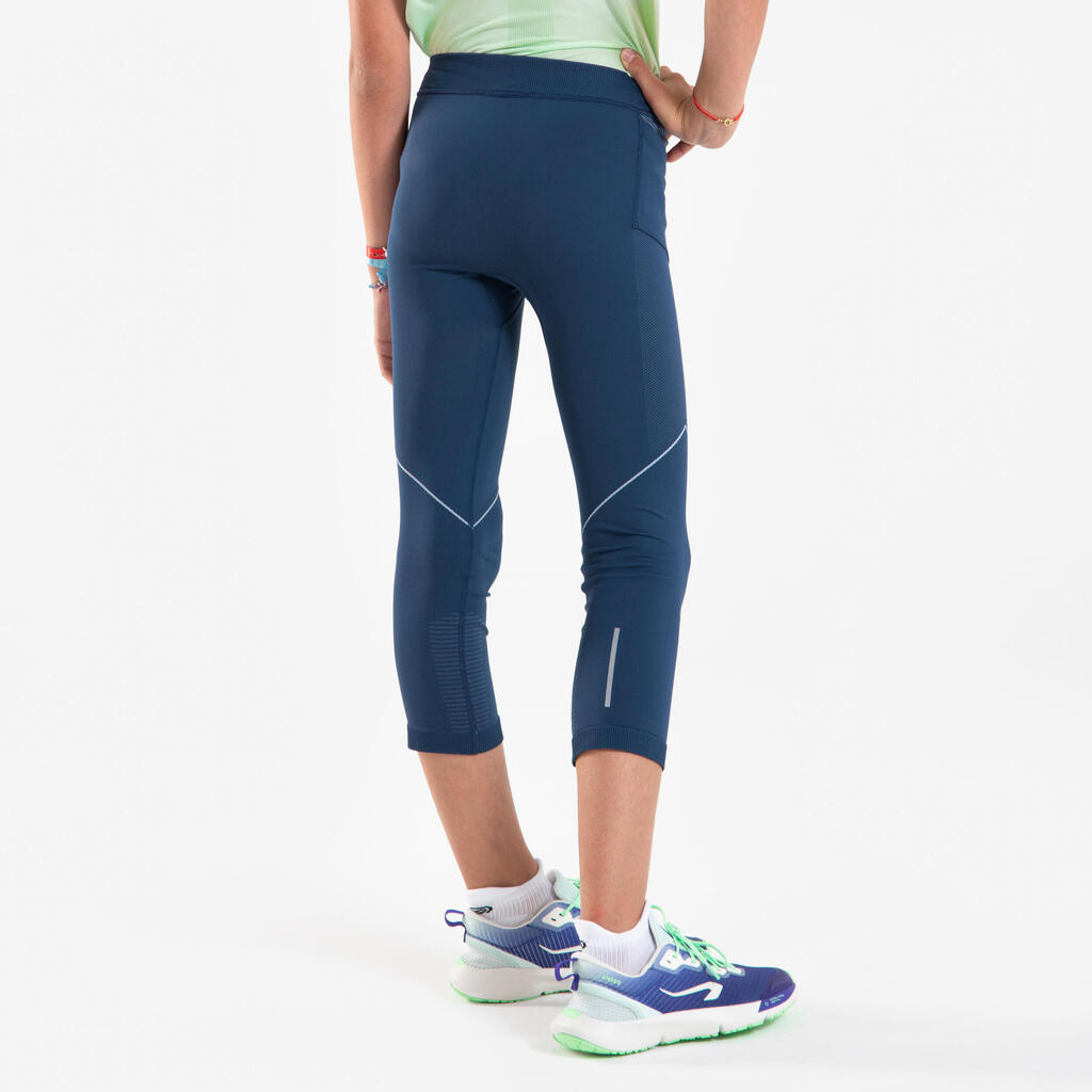 7/8 KIPRUN Comfort 500 Girls' running leggings - Navy and light grey