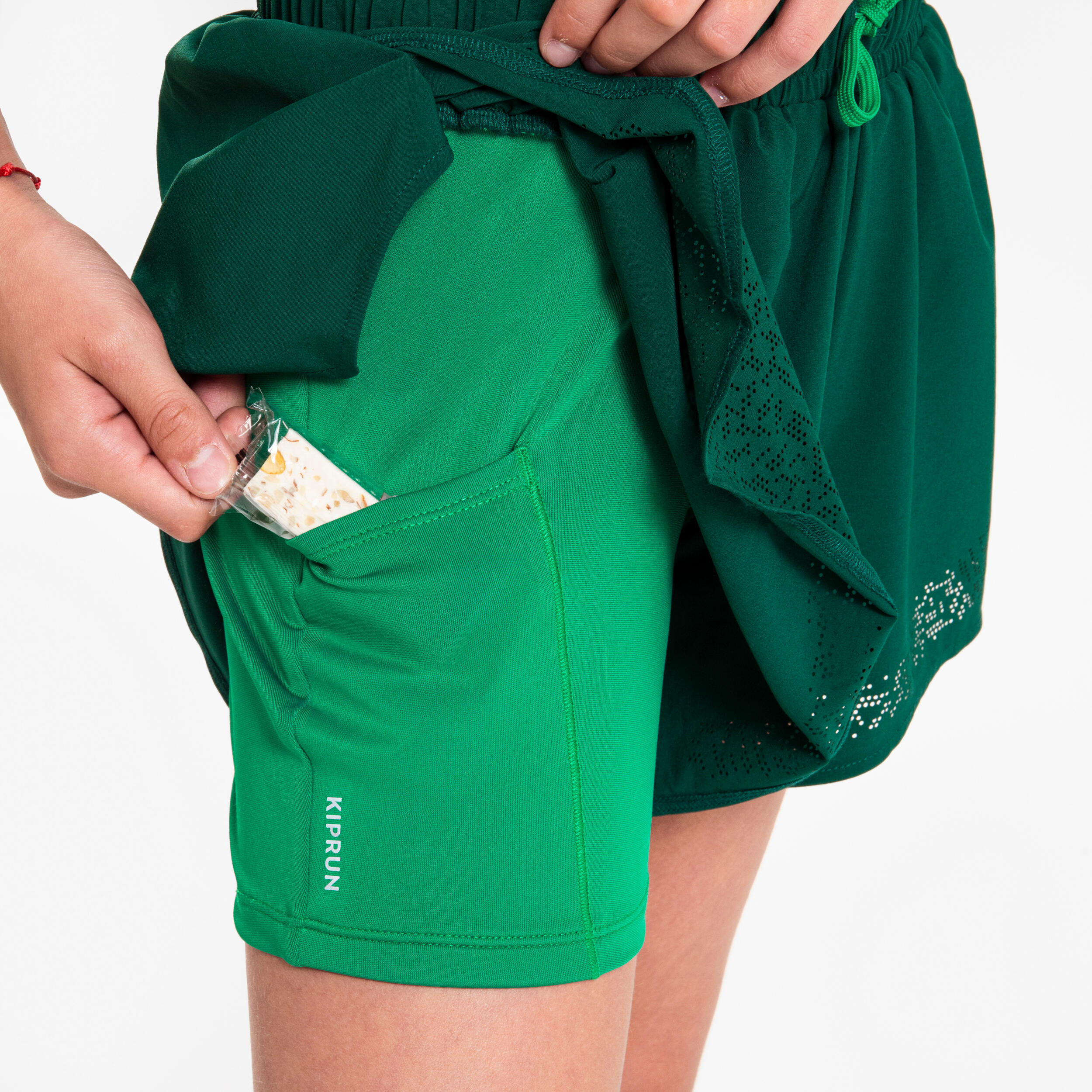 Pantaloncini con cosciali running bambina DRY+ 900 verdi 4/12