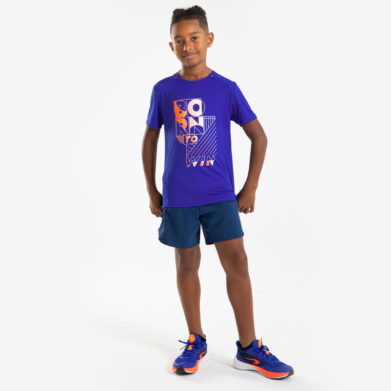 Tricou respirant alergare Jogging KIPRUN Dry+ 500 Albastru-Mov-Roșu Copii