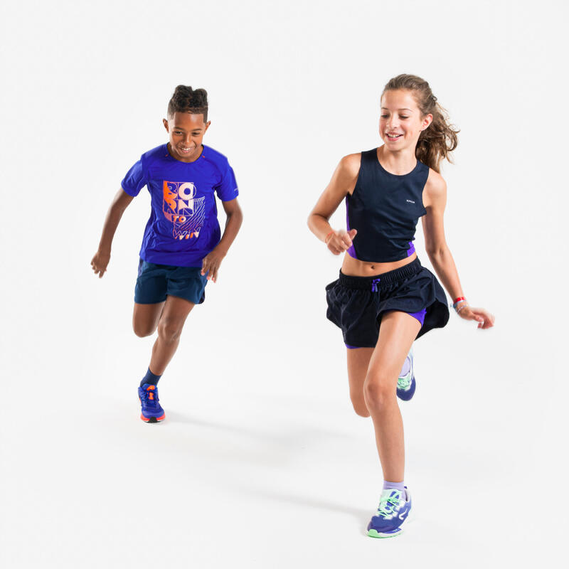 Tricou respirant alergare Jogging KIPRUN Dry+ 500 Albastru-Mov-Roșu Copii