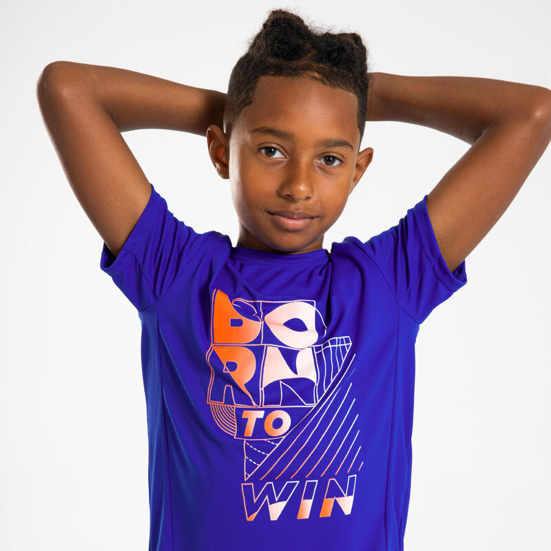 Tricou respirant alergare Jogging KIPRUN Dry+ 500 Albastru-Mov-Roșu Copii