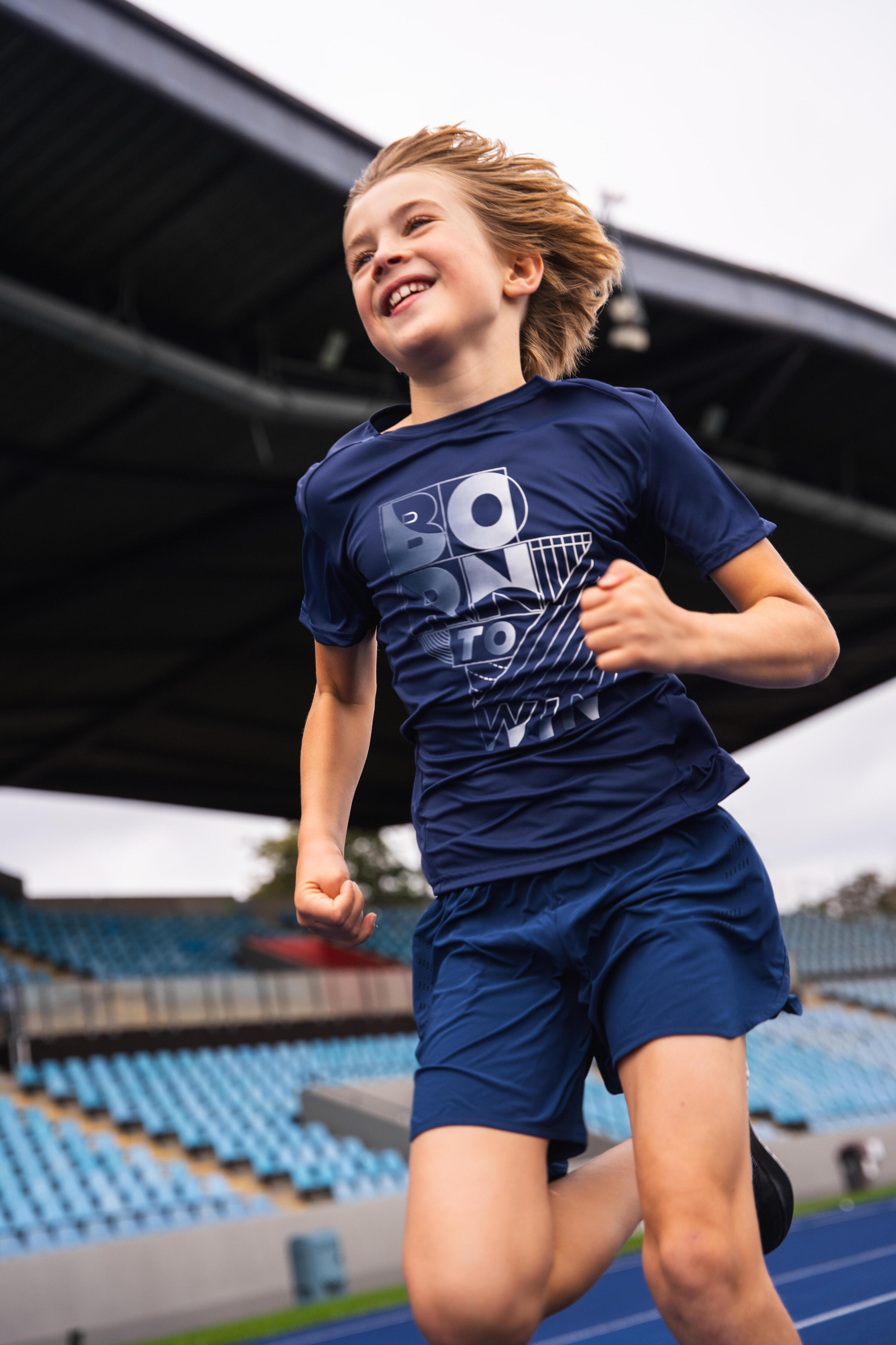 Maglia running bambino DRY+ 500 blu-grigio 7/12