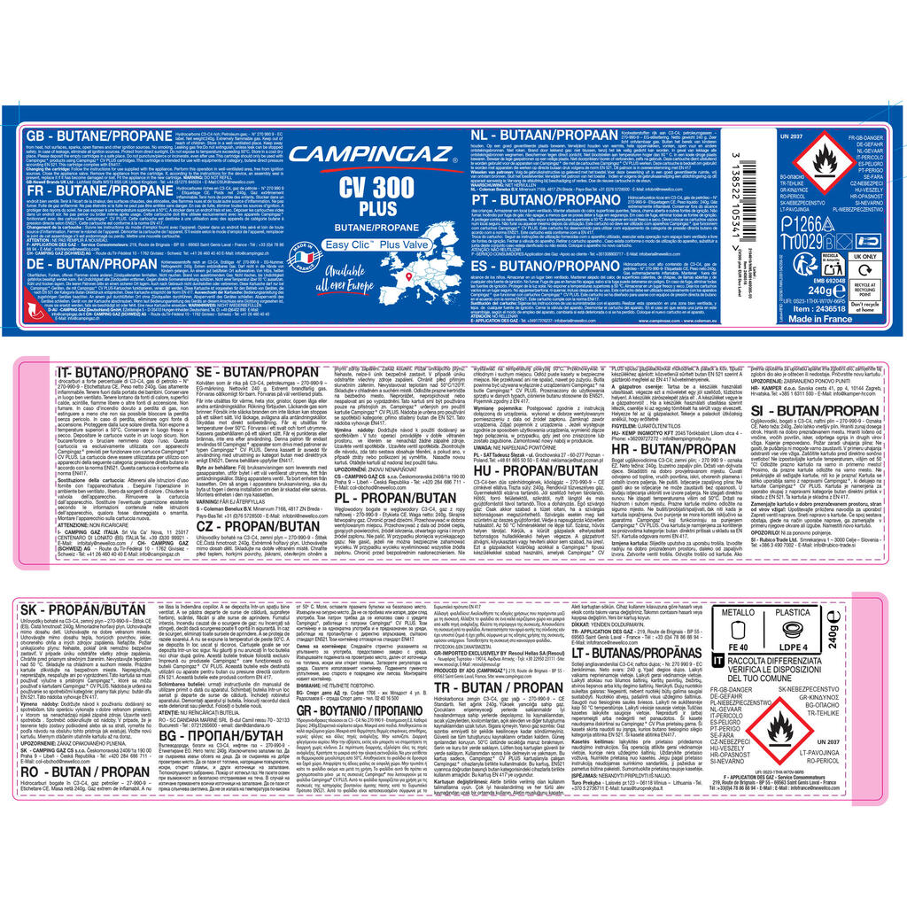 Gāzes kārtridžs ar vārstu “CV 300+” kempinga plītiņai ar vārstu (240 g)