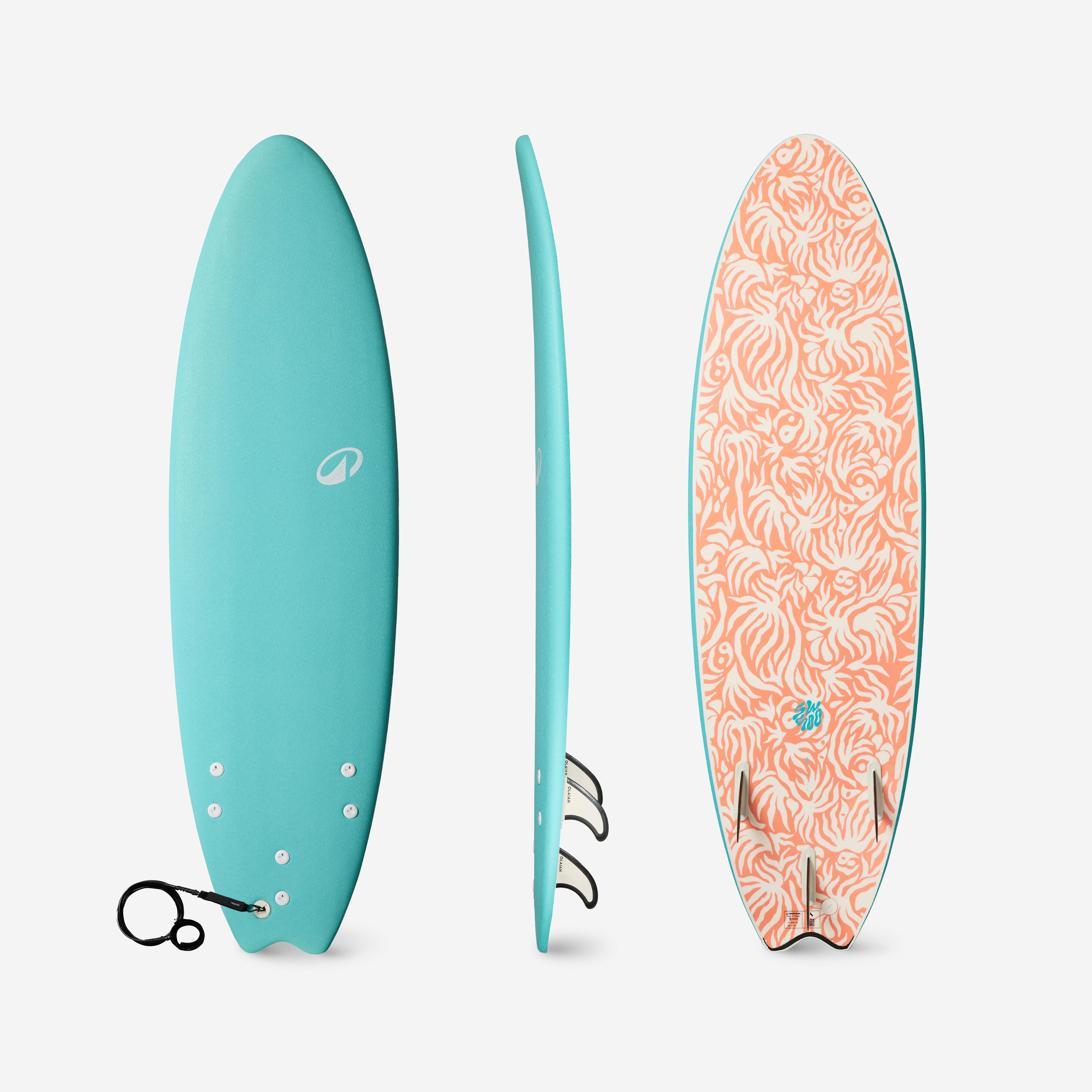 Prancha de surf em espuma 6'6 swallow tail 55l turquesa