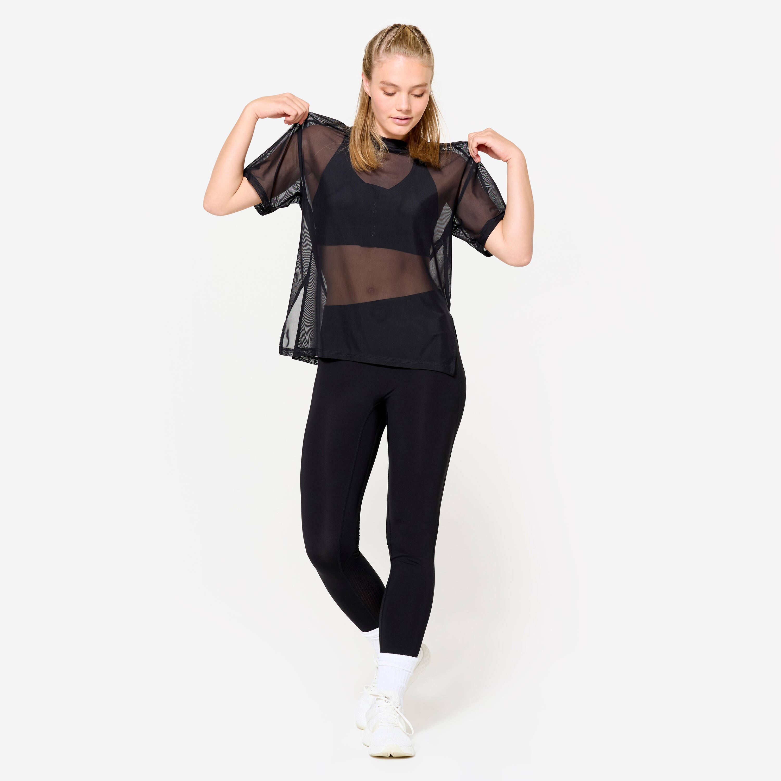 Loose - Fit Mesh Women's Gym T-Shirt- Smoked Black -  2