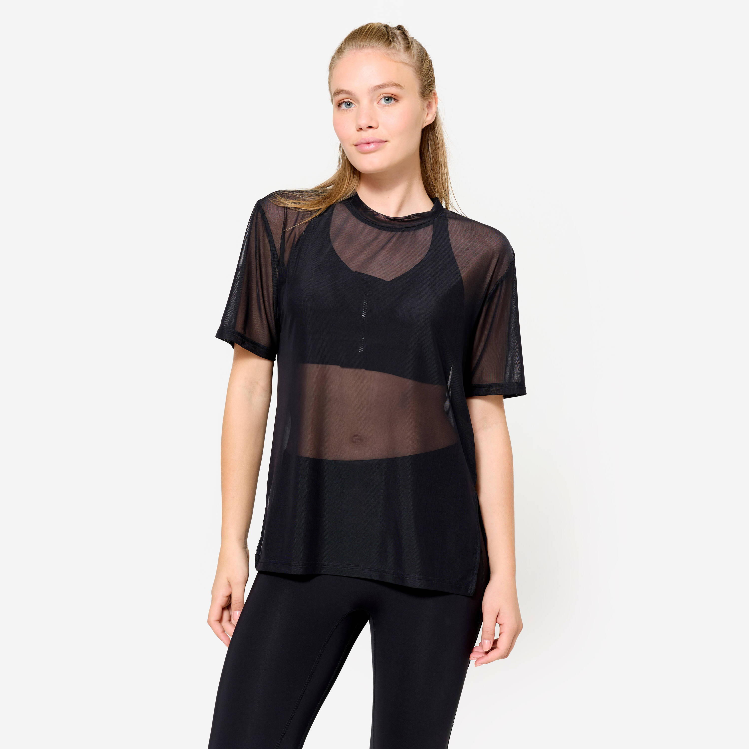 Loose - Fit Mesh Women's Gym T-Shirt- Smoked Black -  1