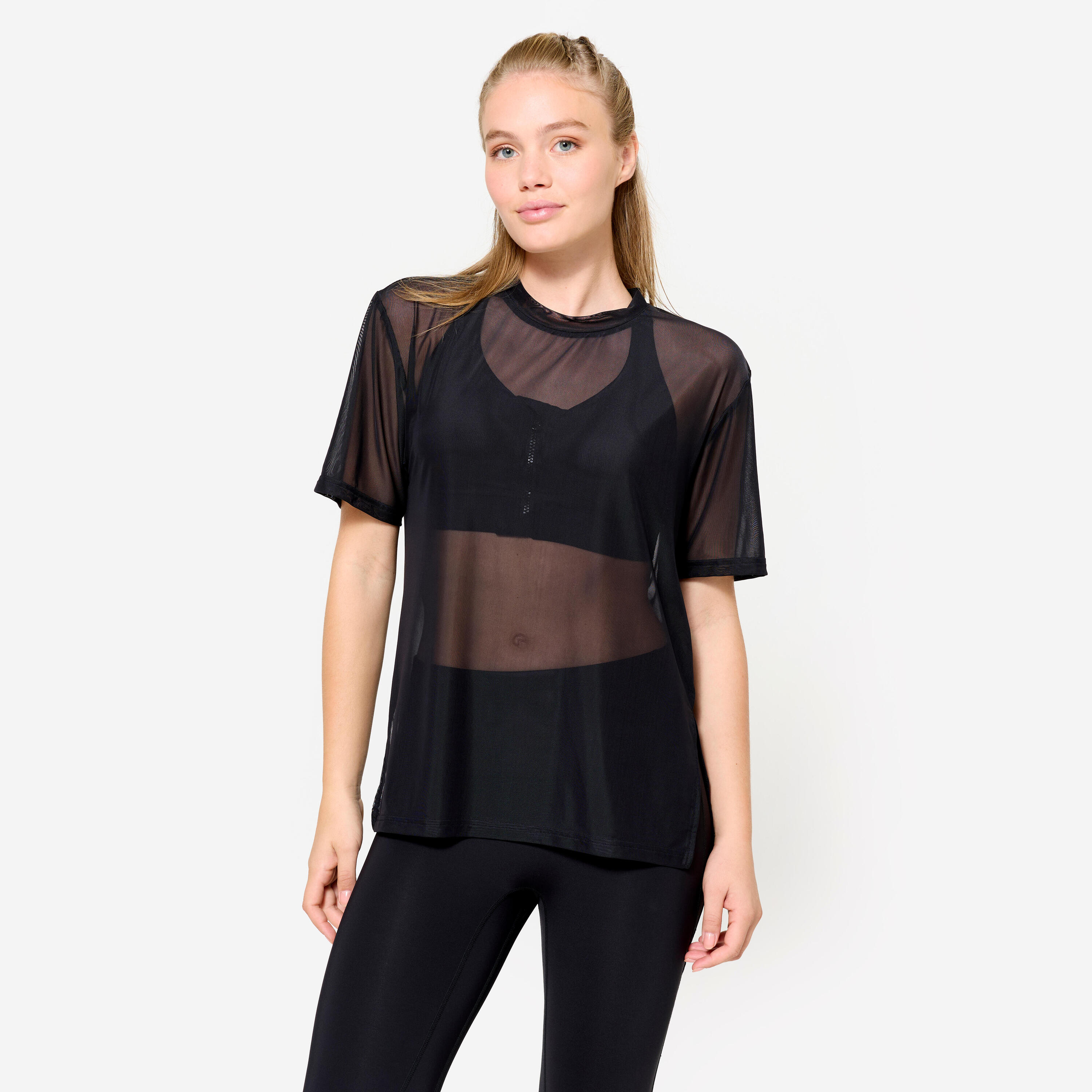 DOMYOS Women's Loose-Fit Fitness Mesh T-Shirt - Black