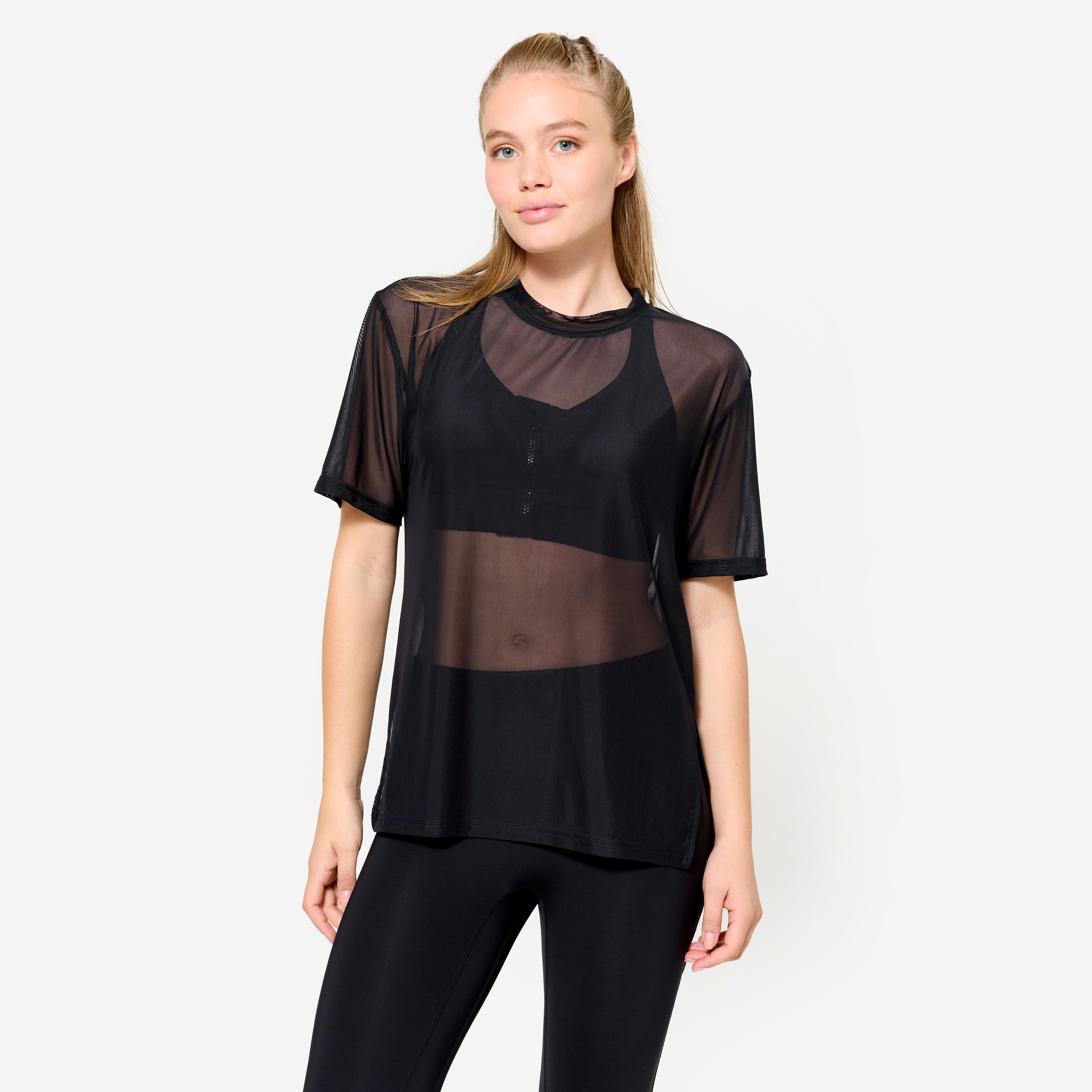 Playera de fitness holgada de rejilla negra para mujer Decathlon