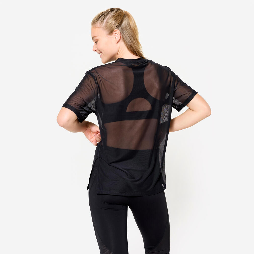 T-shirt de fitness résille et loose femme, noir