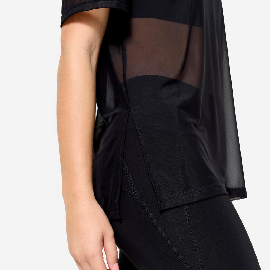 T-shirt de fitness résille et loose femme, noir