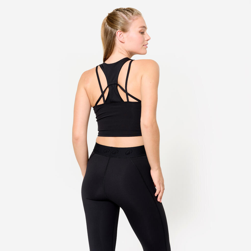 Débardeur de fitness crop-top moulant femme, noir
