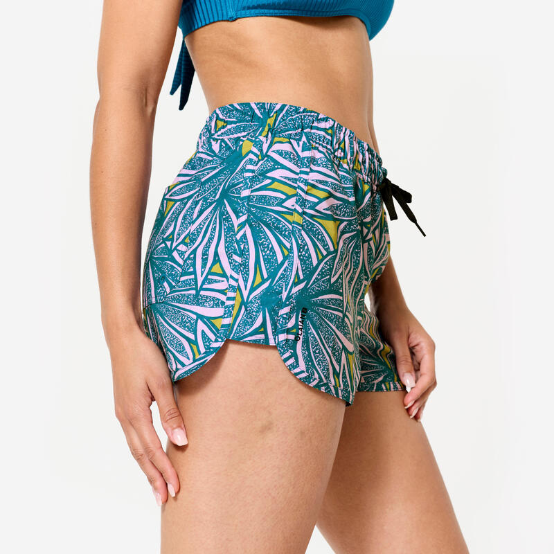Kadın Kısa Deniz Şortu/Boardshort - Mavi/Mor - Palmiye Desenli - TINI