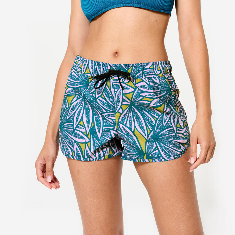 Kadın Kısa Deniz Şortu/Boardshort - Mavi/Mor - Palmiye Desenli - TINI