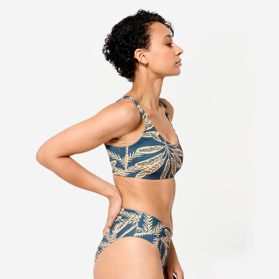 Kadın Sporcu Kesim Yuvarlak Yaka Bikini Üstü - Mavi - Palmiye Desenli - AURELY